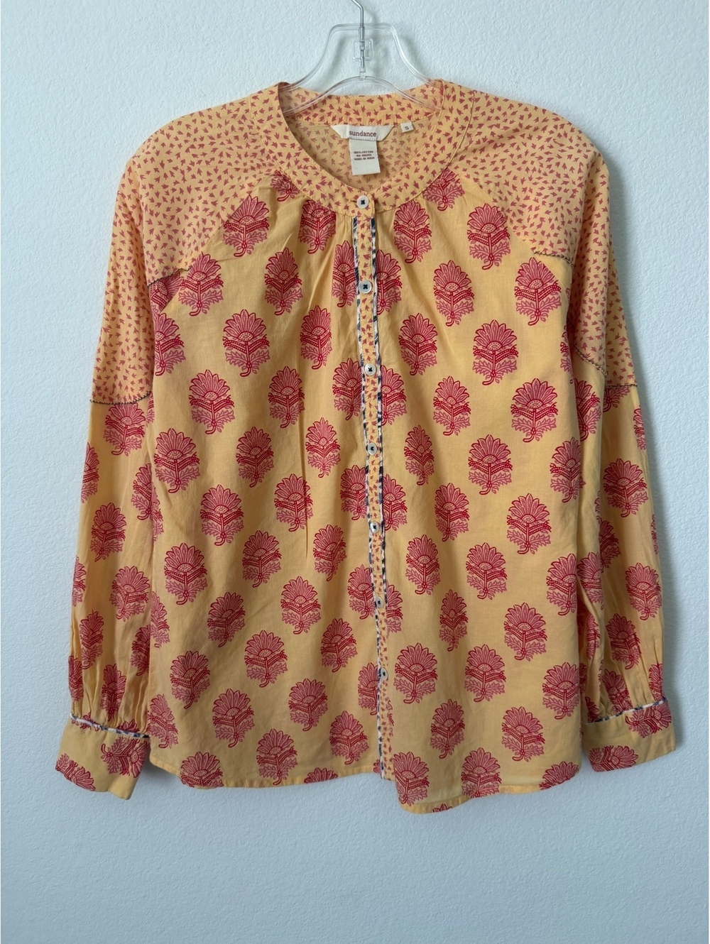 Sundance Long Sleeve Button Front Band Collar Floral Cotton Shirt Size S